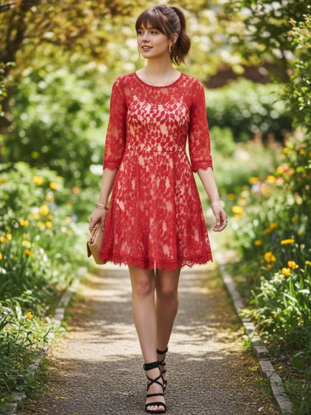 Free People Lace Mini Dress Womens‎ 2 Red Excellent Fit & Flare 3/4 Sleeve
